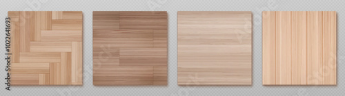 Top view on wood floor surface. Realistic 3d vector illustration set of brown wooden herringbone and plank pattern laminate or parquetry tile samples. Natural hardwood texture plank tabletop.