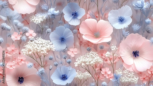 Delicate baby's breath and wildflowers in pastel hues, seamless floral pattern in light pinks and blues, hd quality, intricate details on petals and leaves, soft background texture with light shadows,