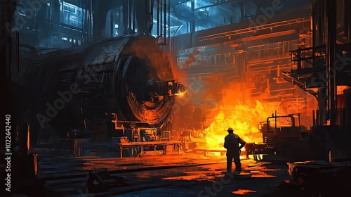 A lone worker stands in a steel mill, observing a furnace in full operation. photo