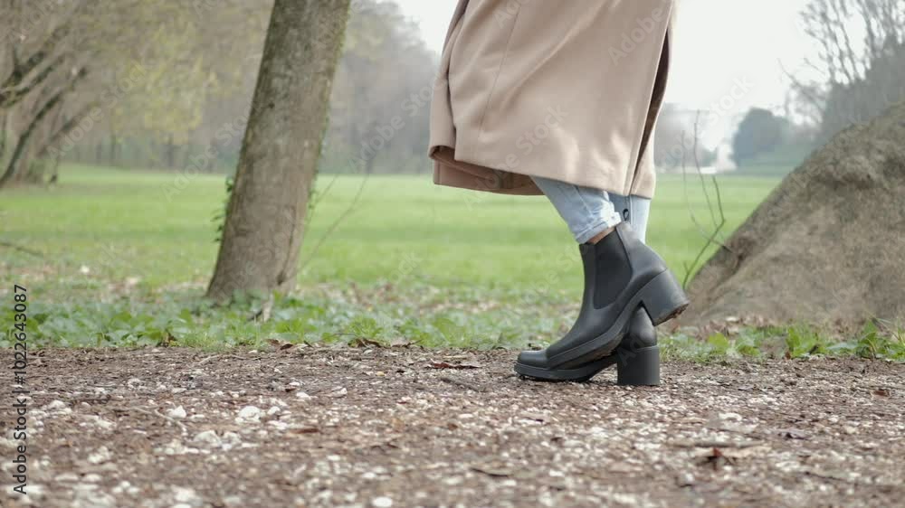 Woman walking in the main avenue of Querini park in Vicenza, Italy. Woman walking in the main avenue of Querini park in Vicenza, Italy.
