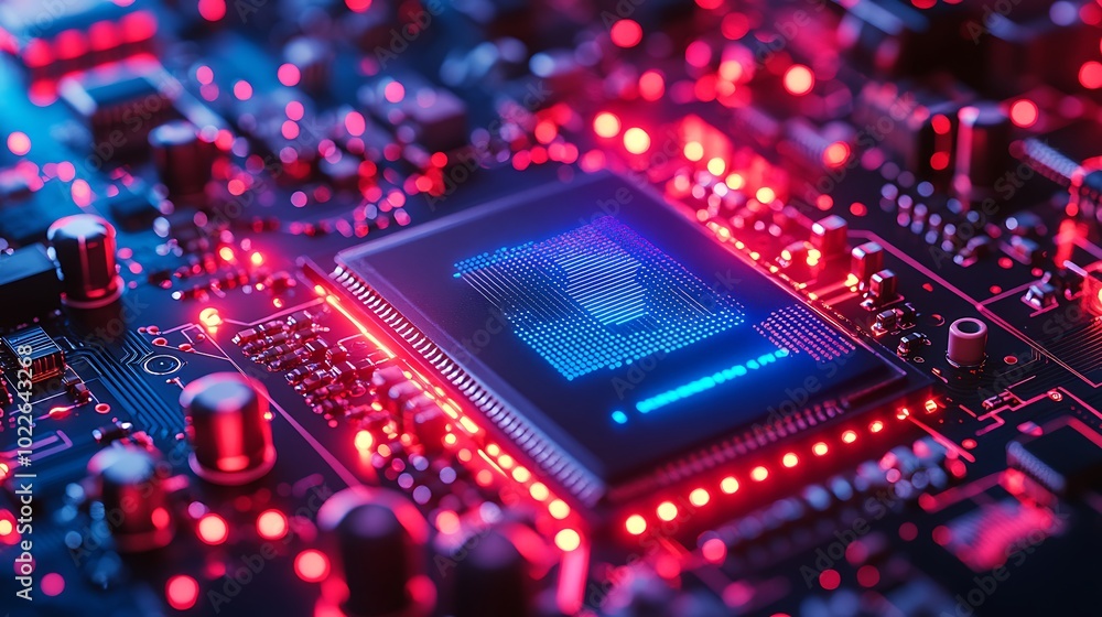 Close Up View of a Microchip on a Circuit Board with Glowing Red and Blue Lights Close Up View of a Microchip on a Circuit Board with Glowing Red and Blue Lights