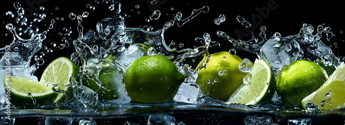 A high-speed photograph of lime slices suspended in mid-air, with water droplets and splashes around them against a black background