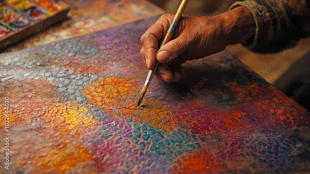 Close-up of a painter's hands delicately brushing vibrant colors onto a canvas, capturing fine details of an intricate painting. Close-up of a painter's hands delicately brushing vibrant colors onto a canvas, capturing fine details of an intricate painting.