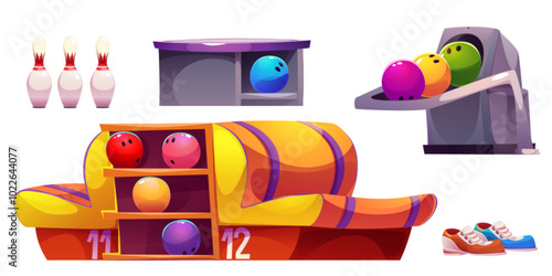 Bowling club interior equipment - player shoes and pins, yellow sofa and colorful bowl balls in return mechanism pinsetter, counter table. Cartoon vector illustration set of indoor team game elements.