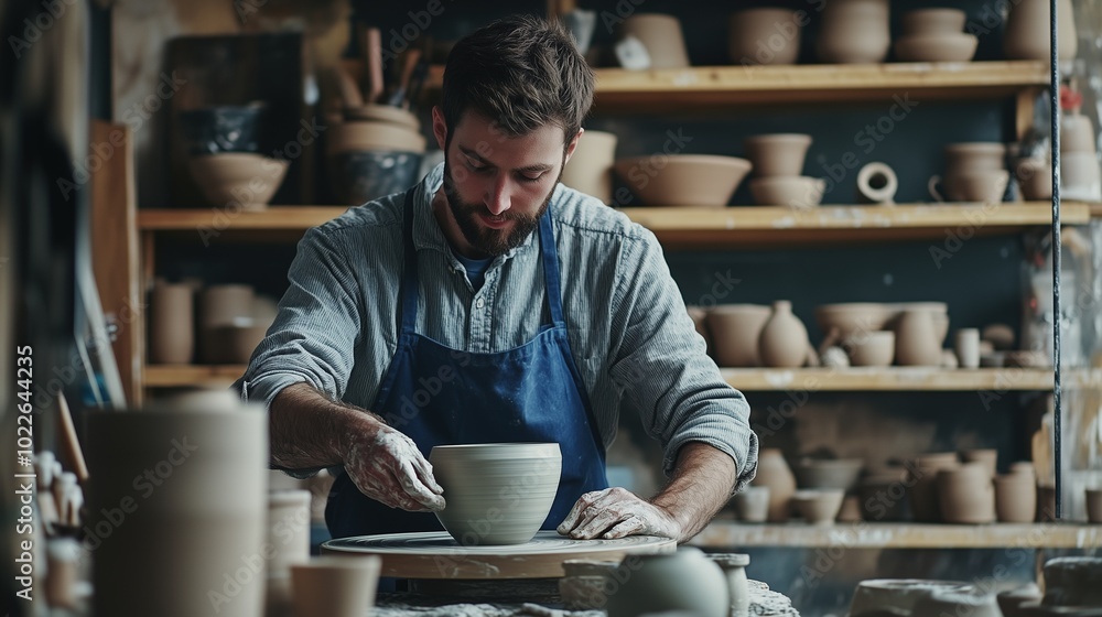 image of male craftsman working on potters wheel at pottery studio image of male craftsman working on potters wheel at pottery studio