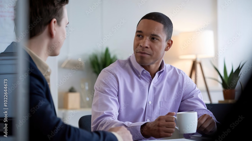 Two professionals engage in a serious discussion over coffee in a modern office setting, emphasizing collaboration and connection. Two professionals engage in a serious discussion over coffee in a modern office setting, emphasizing collaboration and connection.