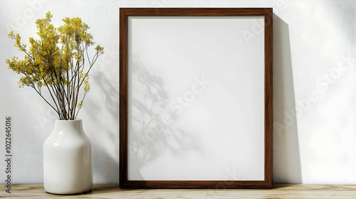 A Wooden Frame with a White Background and Yellow Flowers in a White Vase on a Wooden Table