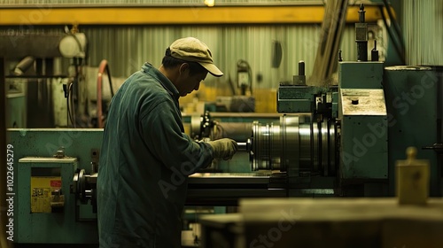 A Factory Worker Operates a Large Industrial Machine