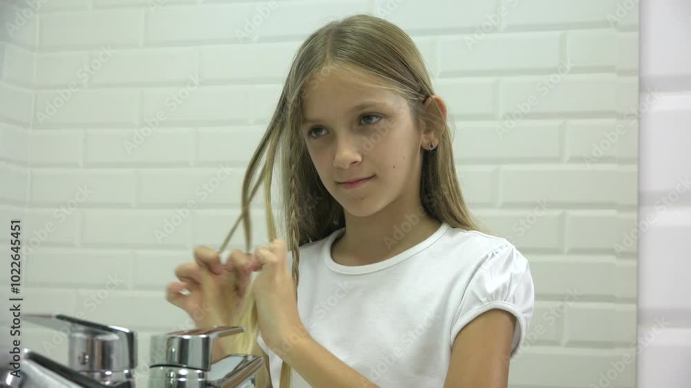 Girl Arranges Hair in Mirror, Adolescent Kid Hairstyling in Bathroom, Blonde, Young Child Hair Dressed, Hairstyle Beauty Industry Girl Arranges Hair in Mirror, Adolescent Kid Hairstyling in Bathroom, Blonde, Young Child Hair Dressed, Hairstyle Beauty Industry