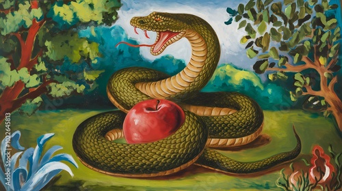 The serpent wrapped around a red apple is an illustration from the Bible. 