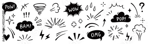 Comic boom cartoon effect line element set. Comic speech bubble pow, boom text, explosive splash smoke, wow cartoon vector icon. Hand drawn sketch doodle explosive element. Vector illustration.
