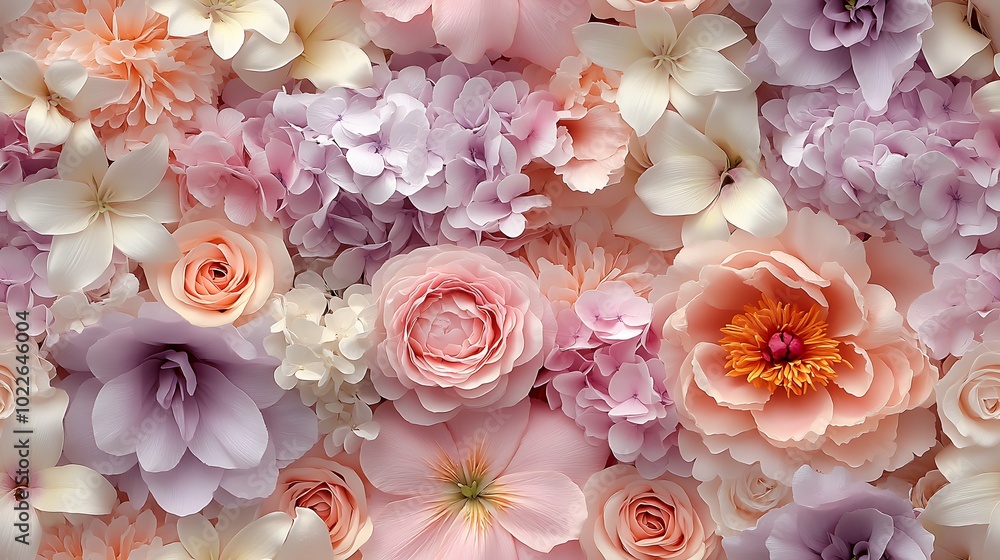 Delicate peonies and lilies in soft pastel colors, intertwined gracefully, pale pinks and lilac tones, seamless floral pattern, hd quality, soft lighting highlighting the petals, dreamy atmosphere, Delicate peonies and lilies in soft pastel colors, intertwined gracefully, pale pinks and lilac tones, seamless floral pattern, hd quality, soft lighting highlighting the petals, dreamy atmosphere,