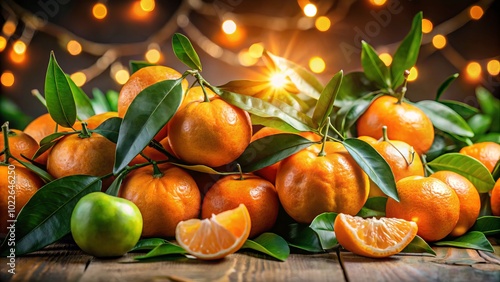 Tangerines, lush green leaves, and cloves arranged in a captivating night photography scene create a stunning fresh citrus still life, inviting viewers into a world of seasonal beauty.