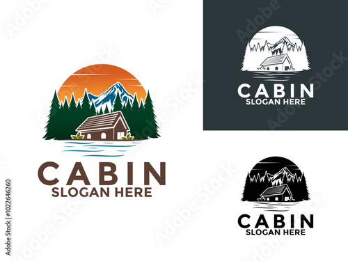 Cabin Wood Logo, Cabin Resort Logo, cabin house, cottage, dorm, villa, homestead, barn, homestay logo vector illustration design