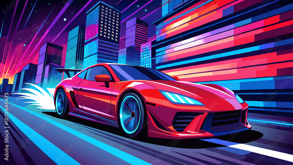 Obraz premium The car’s aerodynamic design, vibrant color (like red or blue), illuminated headlights, and dynamic motion blur suggesting high speed. The city lights in the background create a striking contrast agai
