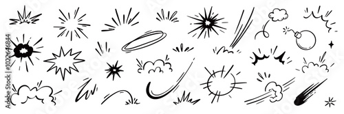 Comic cartoon boom speed effect, explosive motion line element set. Comic boom burst, explosive smoke, line speed cartoon vector icon. Hand drawn sketch doodle action effect. Vector illustration..