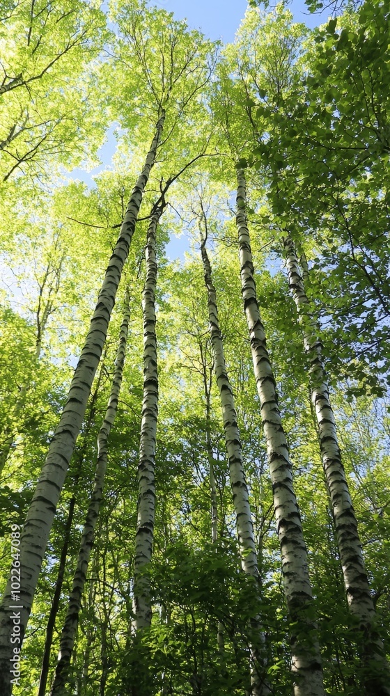 Tall birch trees reaching towards the blue sky in a lush forest during bright daylight Tall birch trees reaching towards the blue sky in a lush forest during bright daylight