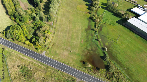 Flooded farmland and river overflow in Polish countryside