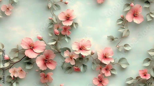 Delicate vintage floral vines in pastel tones of light pink and mint green, seamlessly flowing in a repeating pattern, hd quality, intricate detailing on leaves and petals, softly textured background,