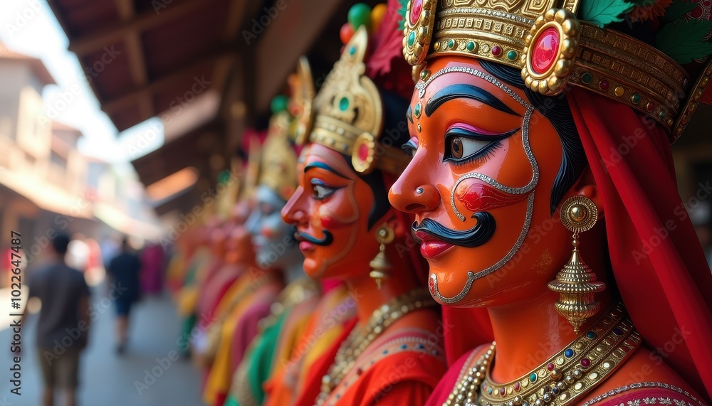 Traditional Dussehra masks and costumes displayed in a bustling market representing cultural heritage and creativity. Traditional Dussehra masks and costumes displayed in a bustling market representing cultural heritage and creativity.
