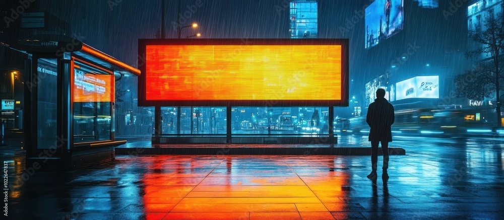A man in a jacket stands alone in a city street at night, looking at a glowing billboard, with rain falling. A man in a jacket stands alone in a city street at night, looking at a glowing billboard, with rain falling.