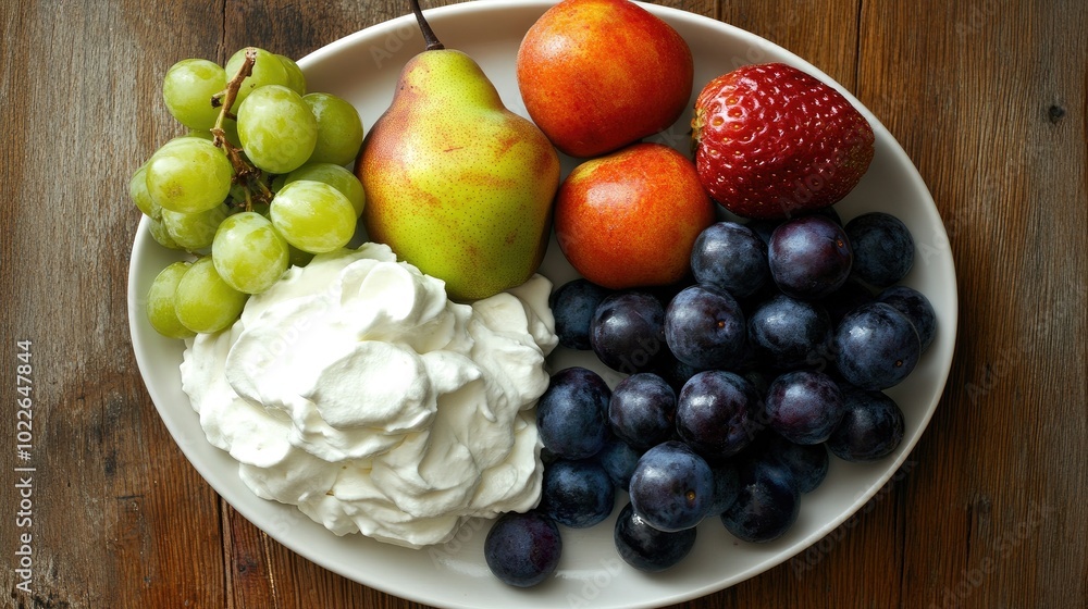 Fresh Fruits and Cream on Plate Fresh Fruits and Cream on Plate