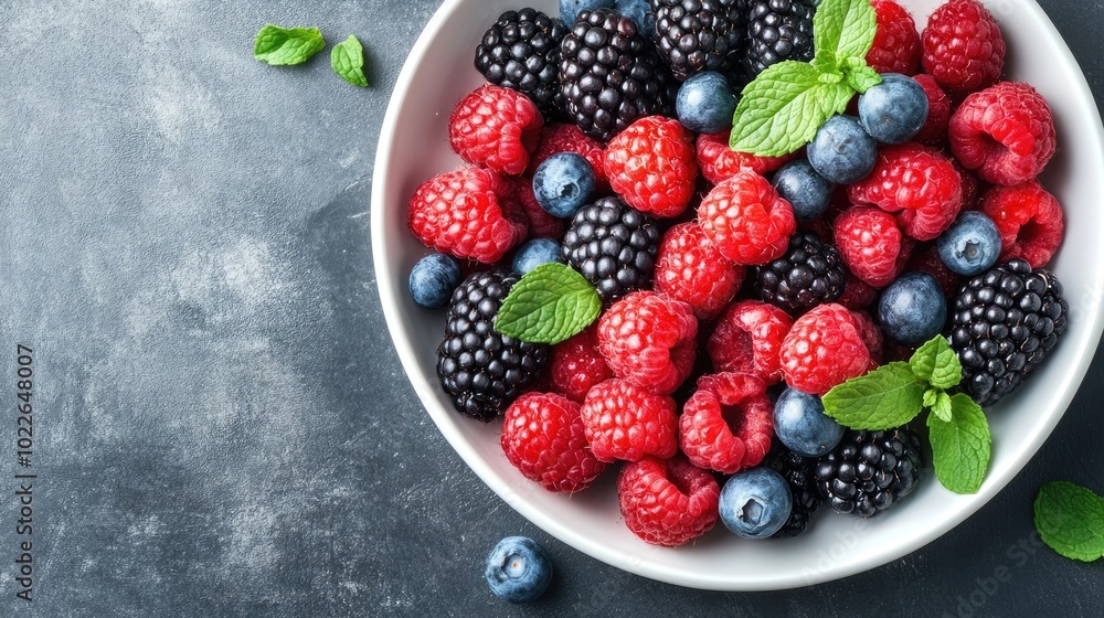 Fresh Mixed Berries in a Bowl on a Dark Surface Fresh Mixed Berries in a Bowl on a Dark Surface