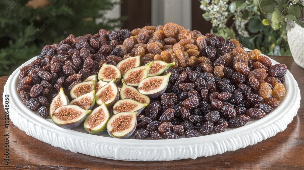 Fresh Figs and Varieties of Dried Fruits on Platter Fresh Figs and Varieties of Dried Fruits on Platter