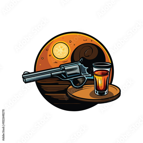 A shiny revolver with a long barrel resting on a wooden tray, a shot glass filled with amber liquid, and a cartoonish moon in the background.