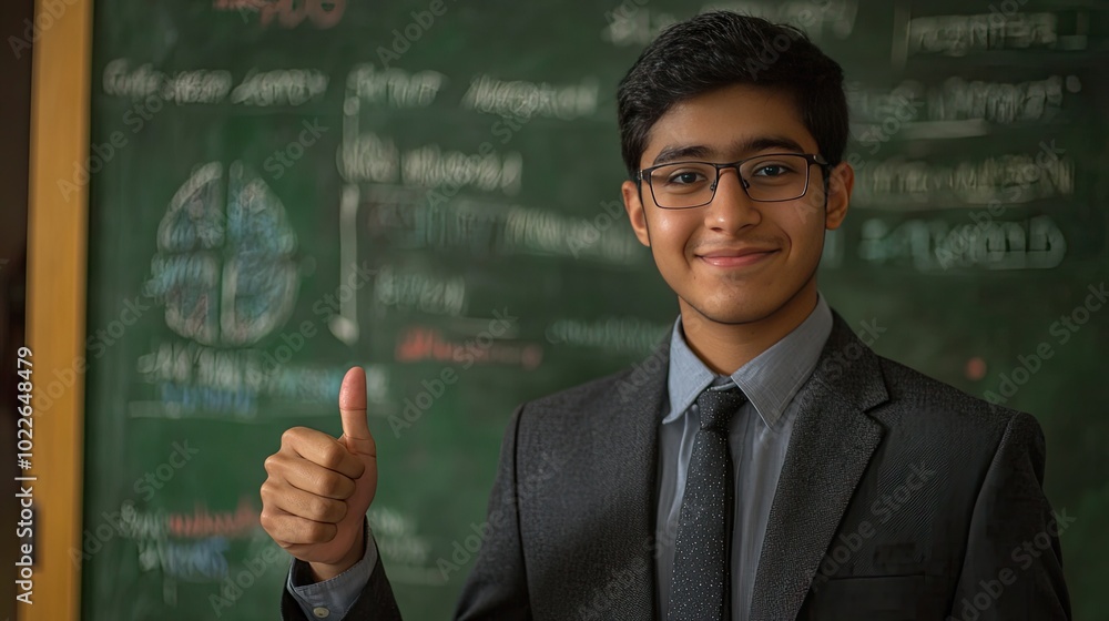 Confident Student in Front of Blackboard Giving Thumbs Up Confident Student in Front of Blackboard Giving Thumbs Up