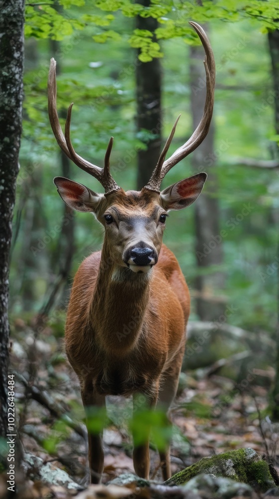 A majestic deer stands tall in the lush forest during the tranquil morning light A majestic deer stands tall in the lush forest during the tranquil morning light