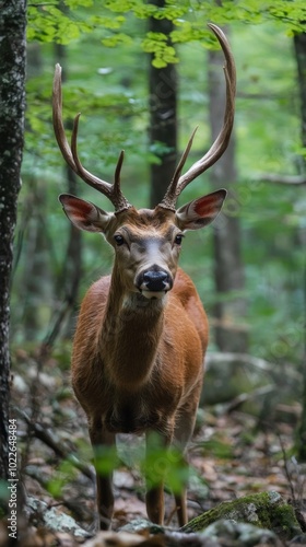 A majestic deer stands tall in the lush forest during the tranquil morning light