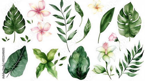 Vibrant Hibiscus Flower with Green Leaves Illustration - Illustrated image of a vibrant hibiscus flower with green leaves. Ideal for tropical themes, nature-inspired designs, and botanical projects.