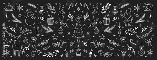 Christmas drawn xmas tree, leaf, holly wreath background. Hand drawn doodle sketch holly floral, christmas tree leaves, snowflake. Holiday ornament, rustic wreath sketch doodle. Vector illustration