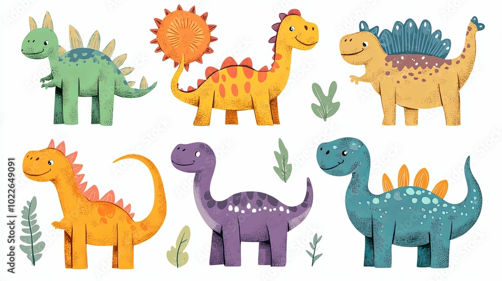 Naklejka premium Six Cartoon Dinosaurs with Smiling Faces and Different Colors
