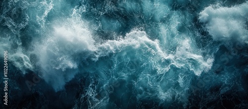 Aerial view of ocean waves with white foam creating a turbulent abstract pattern.