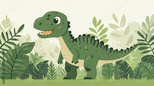 A Cartoon Green Dinosaur Standing in Lush Foliage