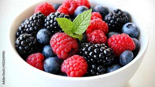 Fresh Berries with Mint in a White Bowl