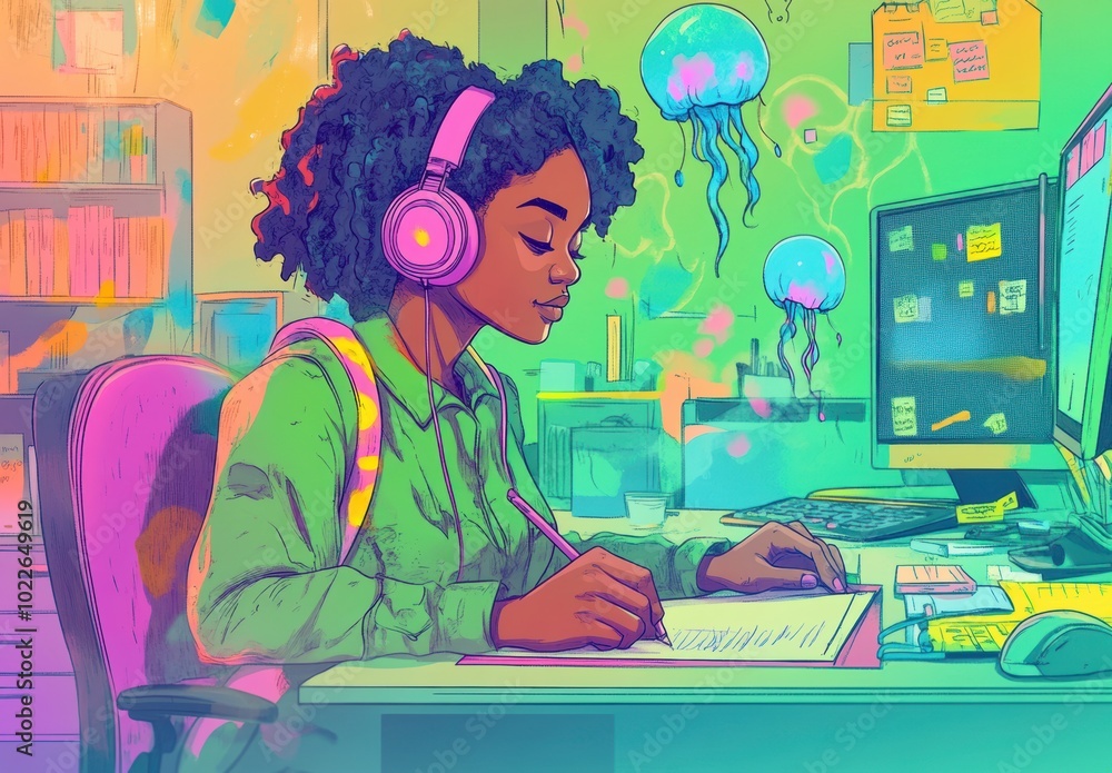 Woman Working Desk Headphones. Woman Working Desk Headphones.