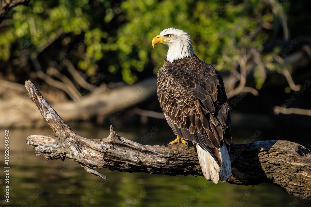 Fototapeta premium Majestic Bald Eagle perched on a weathered branch by serene waters at dawn