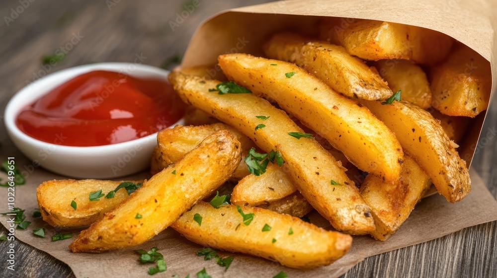 Crispy Golden Fries with Ketchup and Herbs Crispy Golden Fries with Ketchup and Herbs