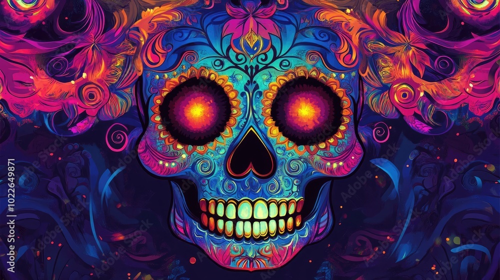 A vibrant and colorful skull design with intricate patterns, symbolizing life and death in a captivating artistic style. A vibrant and colorful skull design with intricate patterns, symbolizing life and death in a captivating artistic style.