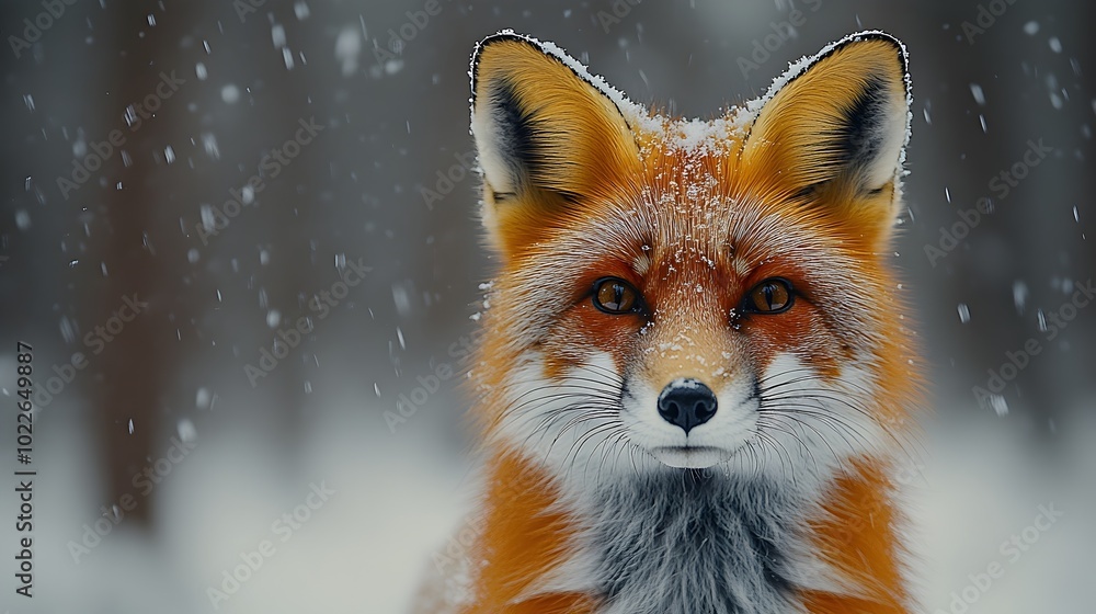Fototapeta premium a close-up of a red fox with its vibrant fur standing out against a snowy background. close-up of a red fox in a snowy forest, wildlife