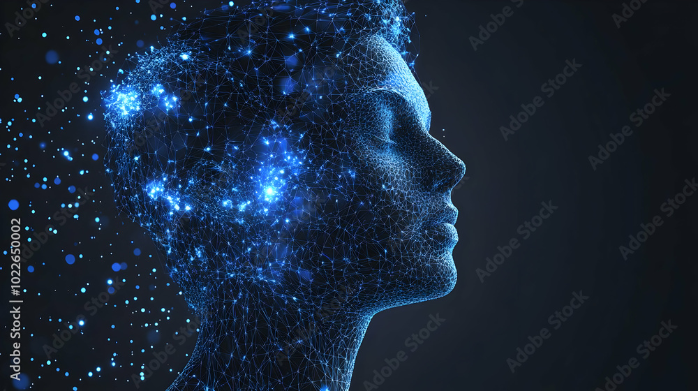Abstract Digital Portrait of a Person in Profile, with Glowing Lines and Dots as Background Abstract Digital Portrait of a Person in Profile, with Glowing Lines and Dots as Background