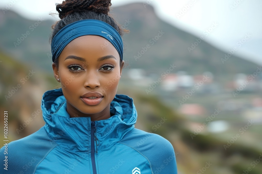Woman wearing a blue jacket and a blue bandana. She is smiling and looking at the camera Woman wearing a blue jacket and a blue bandana. She is smiling and looking at the camera