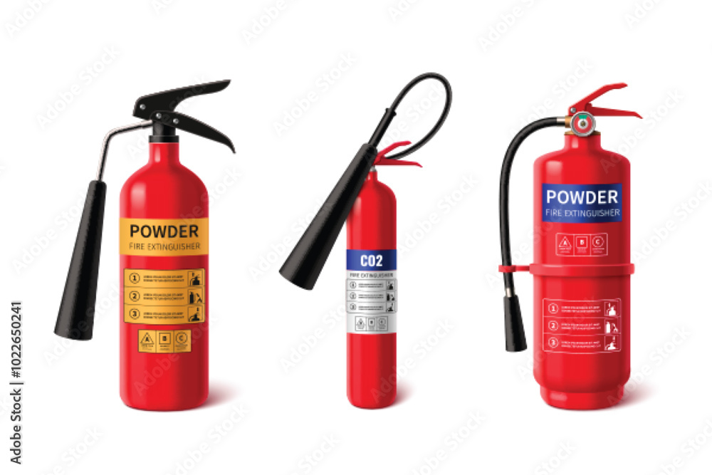 Obraz premium Realistic red fire extinguisher with sprayer and labels for instructions about providing emergency assistance in extinguishing flame. 3d vector set of different firefighter portable equipment mockup.