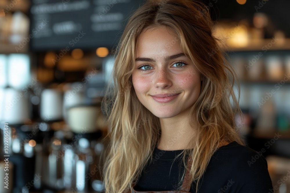 Woman with blonde hair and a smile is standing in front of a coffee shop. She is wearing a black shirt and a brown apron Woman with blonde hair and a smile is standing in front of a coffee shop. She is wearing a black shirt and a brown apron