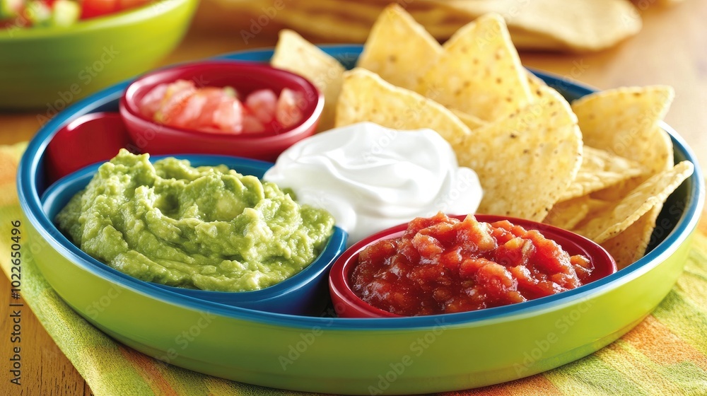 Colorful Dip Platter with Chips and Fresh Ingredients Colorful Dip Platter with Chips and Fresh Ingredients