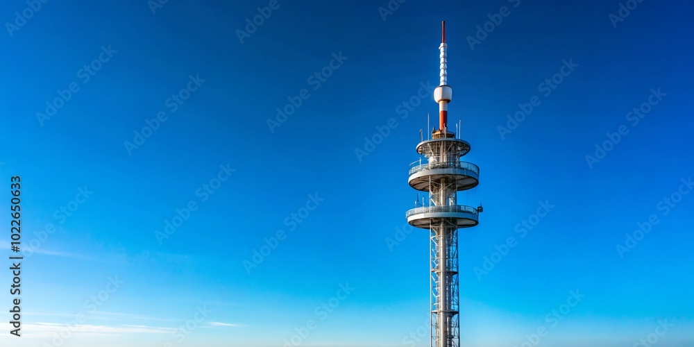 Fototapeta premium This modern aesthetic features a minimalist communication tower, equipped with antennas, standing tall against a brilliant clear sky, symbolizing technology and elegance.