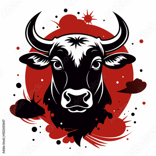 Bold bull head print on red circular background for t-shirt, representing Year of the Ox horoscope